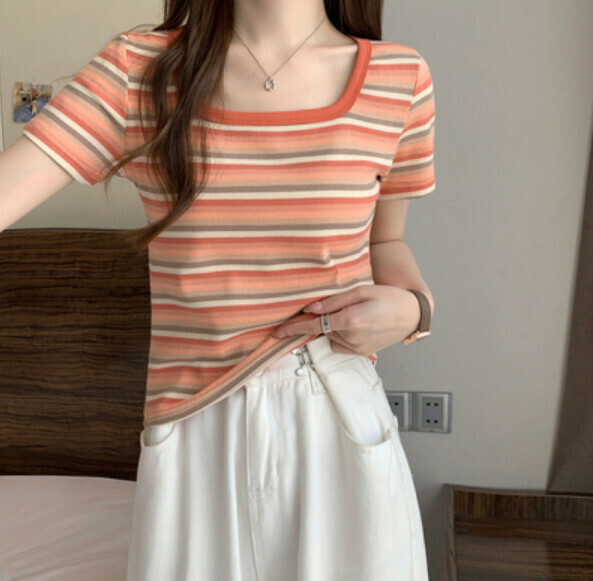 Summer striped square neck short sleeve t (orange) [Size: S-2XL] [Contact customer service to confirm the shipping size after placing an order]