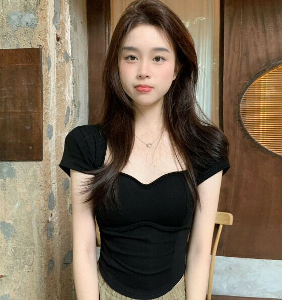 Summer backless chest pad short sleeve T (black) [Size: S-L] [Contact customer service to confirm the shipping size after placing an order]