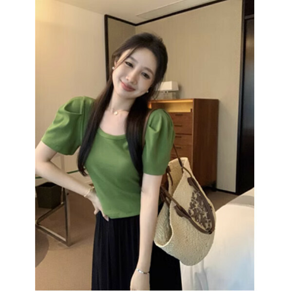 Summer puff sleeve short sleeve t (green) [Size: S-L] [Contact customer service to confirm the shipping size after placing an order]