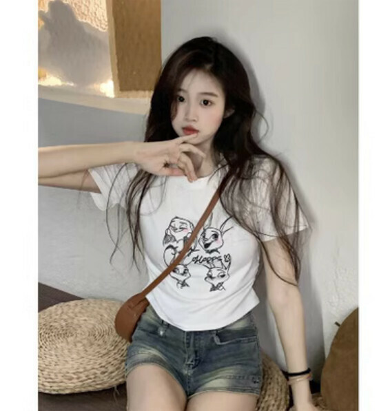 Summer cartoon print crew neck T-shirt (white) [one-size-fits-all]