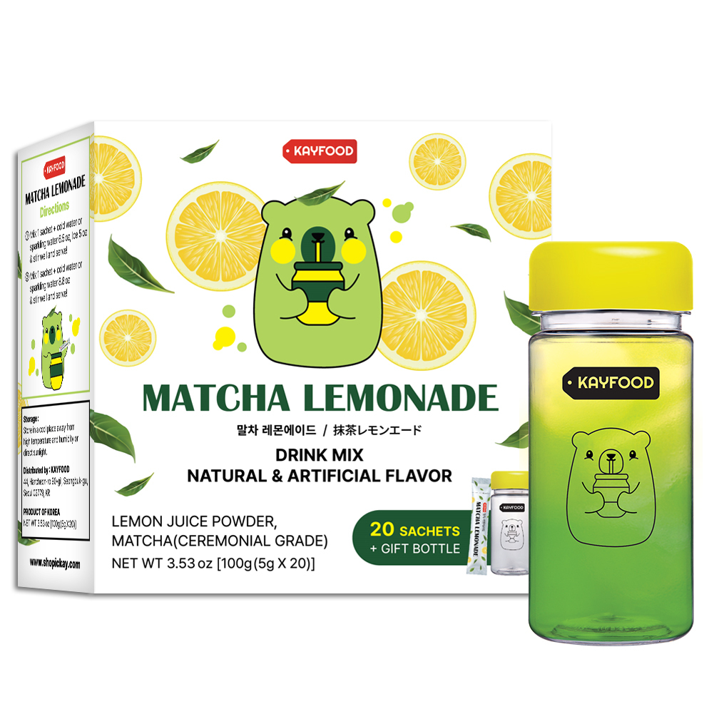【Kayfood】- 抹茶檸檬水高級韓國綠茶檸檬汁粉混合 0.1 盎司/5 克 x 20 條包 (3.53 盎司/100 克) 附贈瓶 無糖減肥抹茶綠茶 ade matchamix
