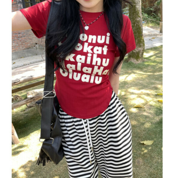 Summer print short sleeve T (red) [Size: S-L] [Contact customer service to confirm the shipping size after placing an order]