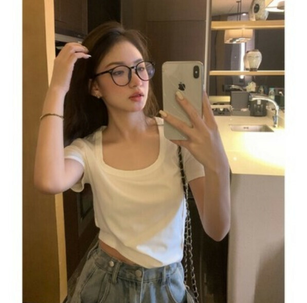 Summer Square Neck Short Sleeve T (White) [Size: S-L] [Contact Customer Service to Confirm Shipping Size After Placing an Order]