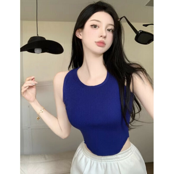 Summer curved hem sleeveless vest (blue) [one size]
