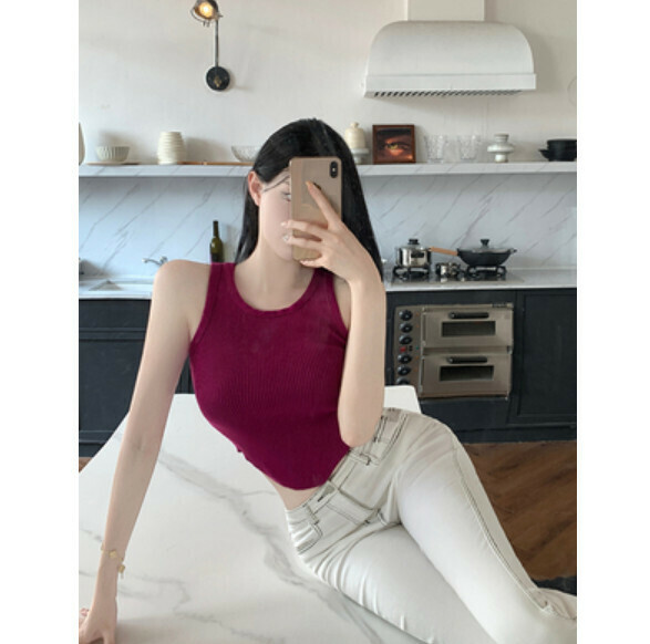Summer Curved Hem Sleeveless Vest (Dragon Fruit) [One Size]