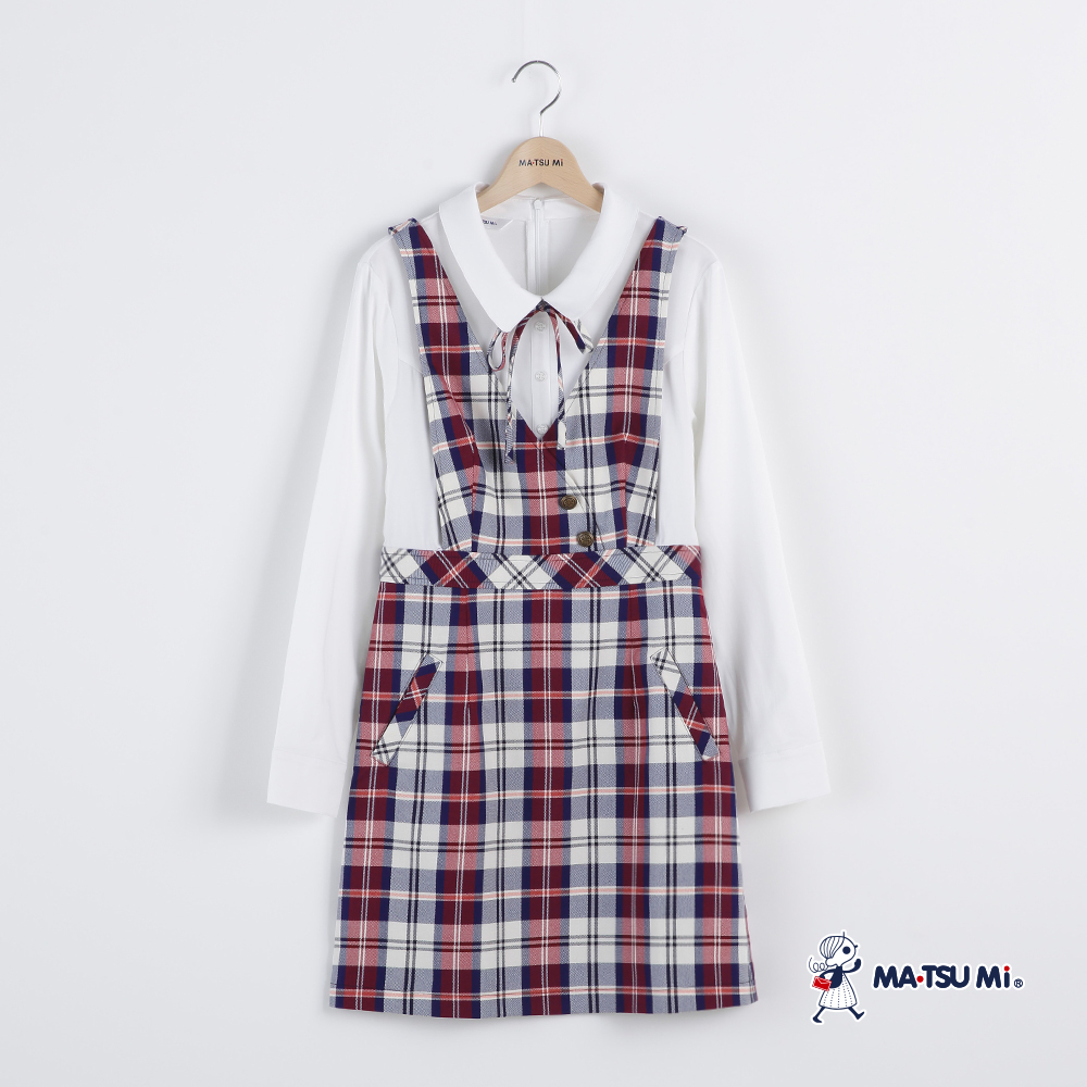 MA‧TSU Mi 學院風假兩件拼接格紋吊帶洋裝(紅.墨綠)