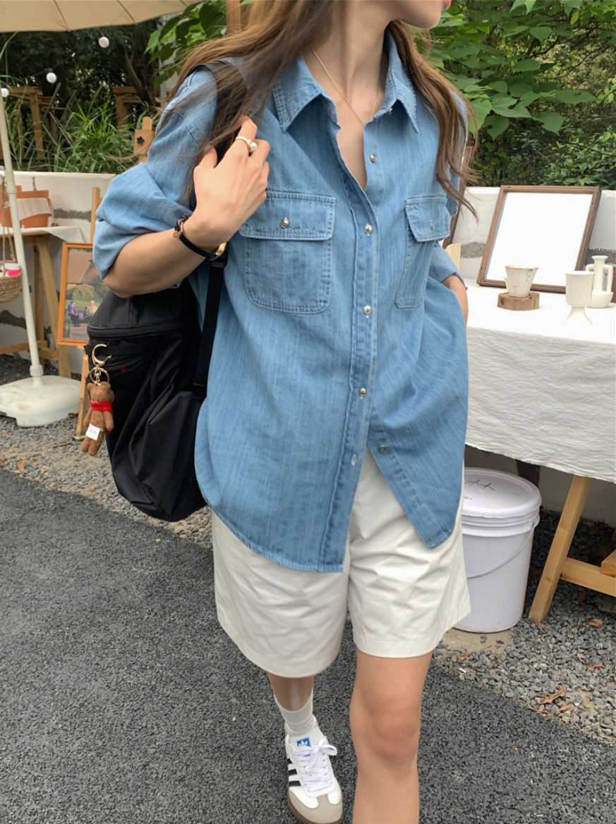 雙口袋水洗牛仔布襯衫（兩色）