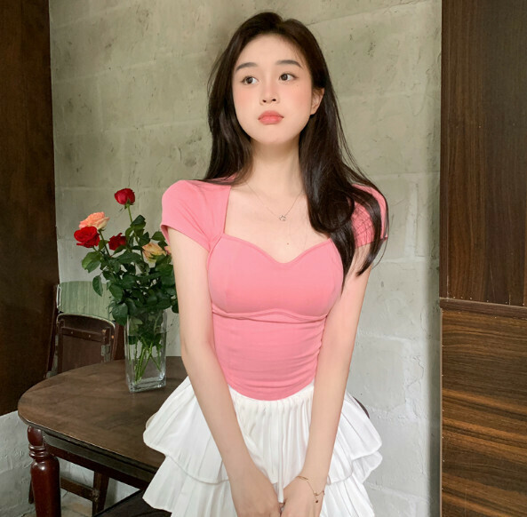 Summer backless chest pad short sleeve T (pink) [Size: S-L] [Contact customer service to confirm the shipping size after placing an order]