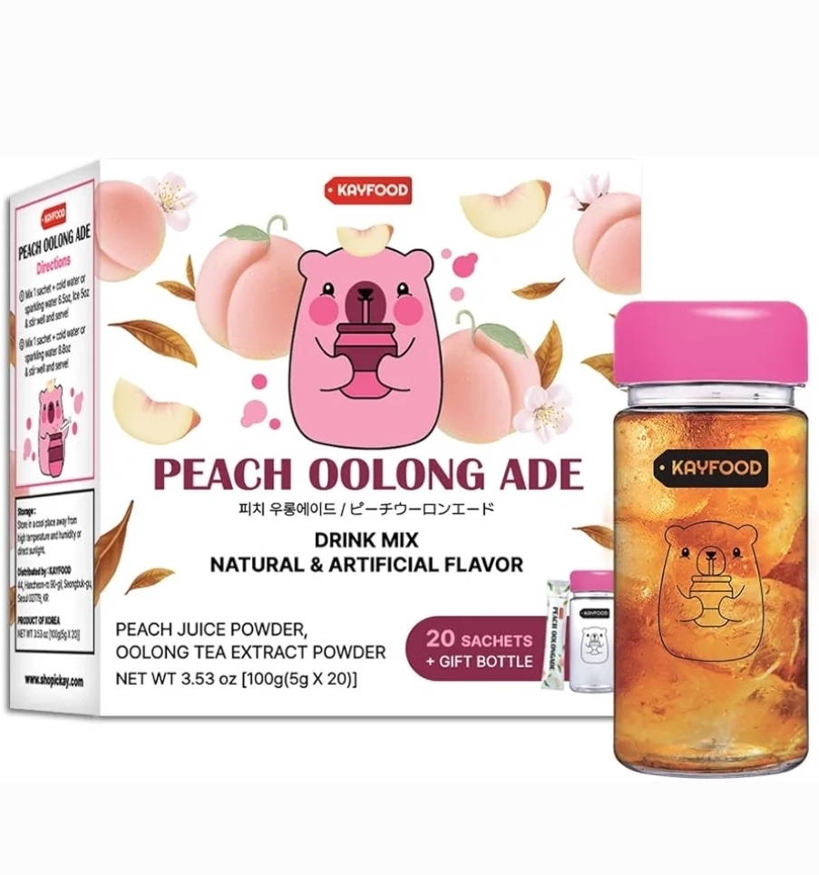【Kayfood】- 桃子烏龍茶高級烏龍茶桃汁粉混合 20 條裝 (3.53oz) 附禮品可重複使用瓶、零糖烏龍烏龍混合冰熱茶阿德、健康支持 Drinkmix (桃子烏龍茶)