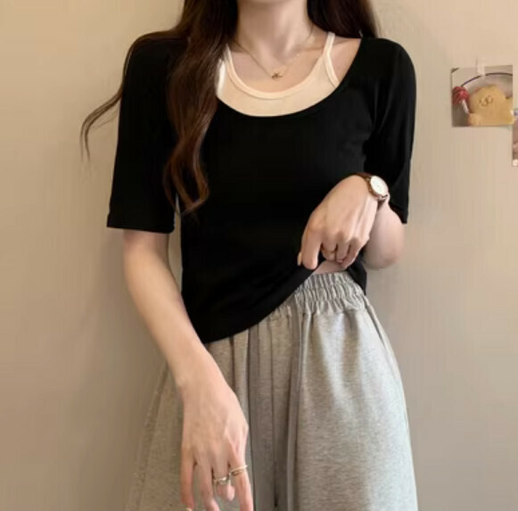Summer Fake Two Pieces Short Sleeve T (Black) [One Size]