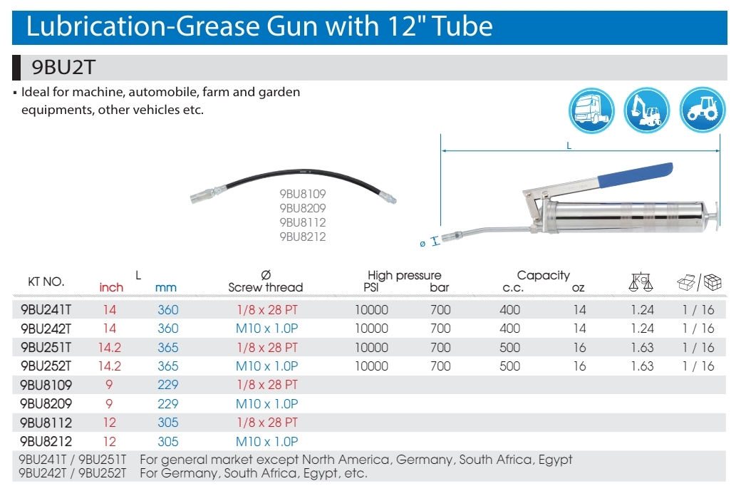 KING TONY 金統立｜9BU241T｜400cc 手動黃油槍(槓桿型-附12"軟管) 手動牛油槍｜台灣製｜公司貨