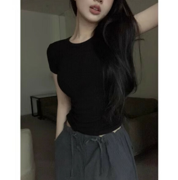 Summer irregular shoulder short sleeve T (black) [Size: S-XL] [Contact customer service to confirm the shipping size after placing an order]