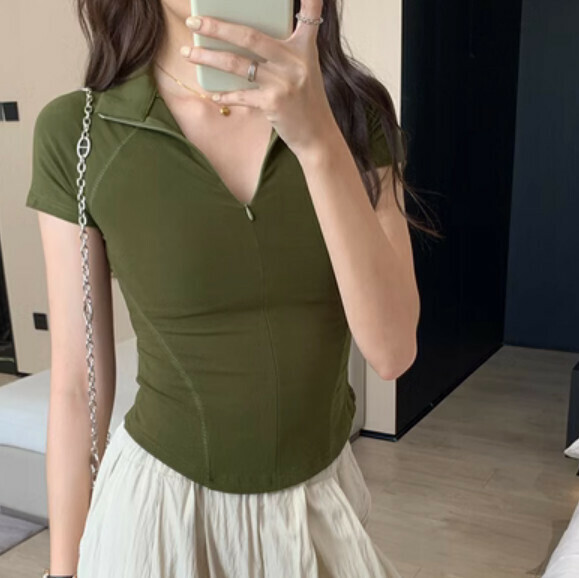 Summer zipper lapel short sleeve T (green) [Size: S-XL] [Contact customer service to confirm the shipping size after placing an order]