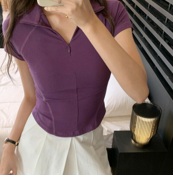 Summer zipper lapel short sleeve T (purple) [Size: S-XL] [Contact customer service to confirm the shipping size after placing an order]
