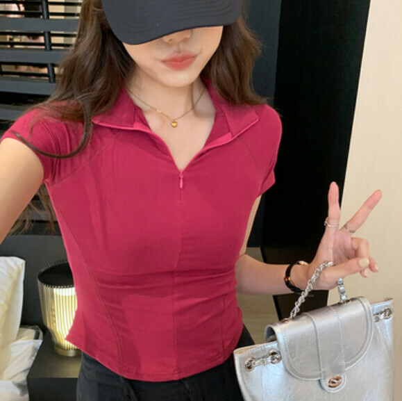 Summer zipper lapel short sleeve T (rose) [Size: S-XL] [Contact customer service to confirm the shipping size after placing an order]