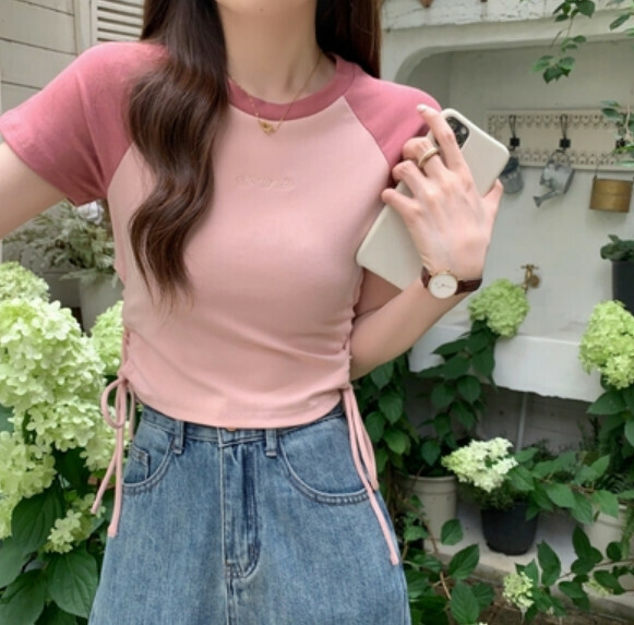 Summer Contrast Raglan Sleeve T (Pink) [Size: S-L] [Contact Customer Service to Confirm Shipping Size after Placing an Order]