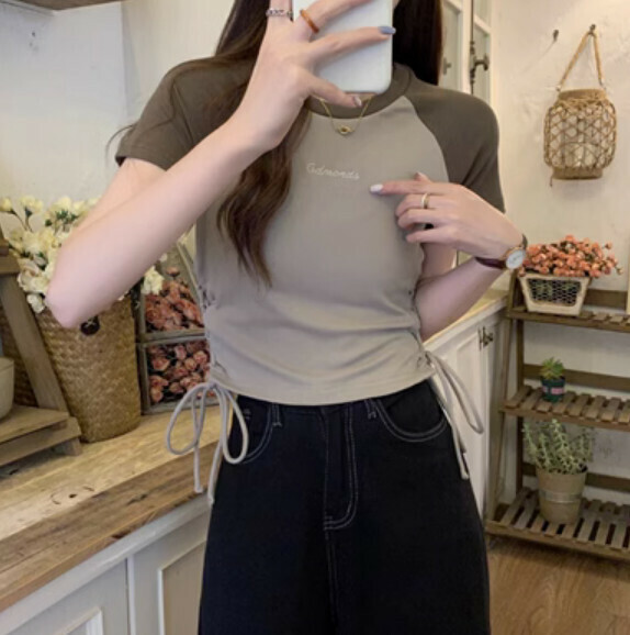 Summer contrasting raglan sleeve T-swan (khaki) [Size: S-L] [Contact customer service to confirm the shipping size after placing an order]