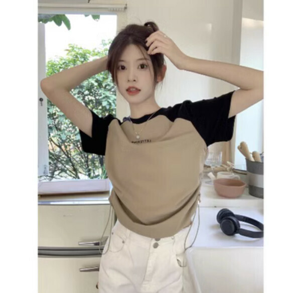 Summer drawstring raglan sleeve short T (yellow) [Size: S-L] [Contact customer service to confirm the shipping size after placing an order]