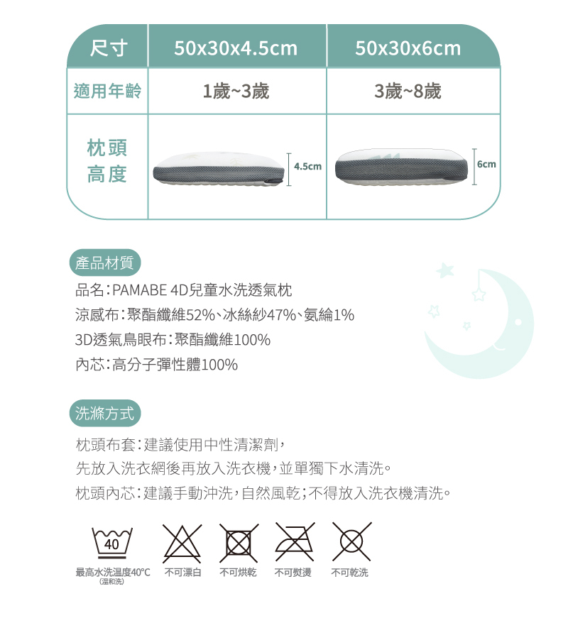 兒童枕頭尺寸表,產品材質,洗滌方式