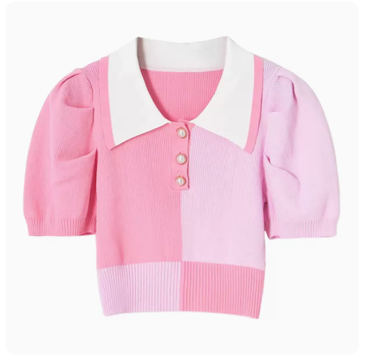 Summer Short Sweet Short Sleeve Shirt Women's (Pink Color-Block M-One-Size)