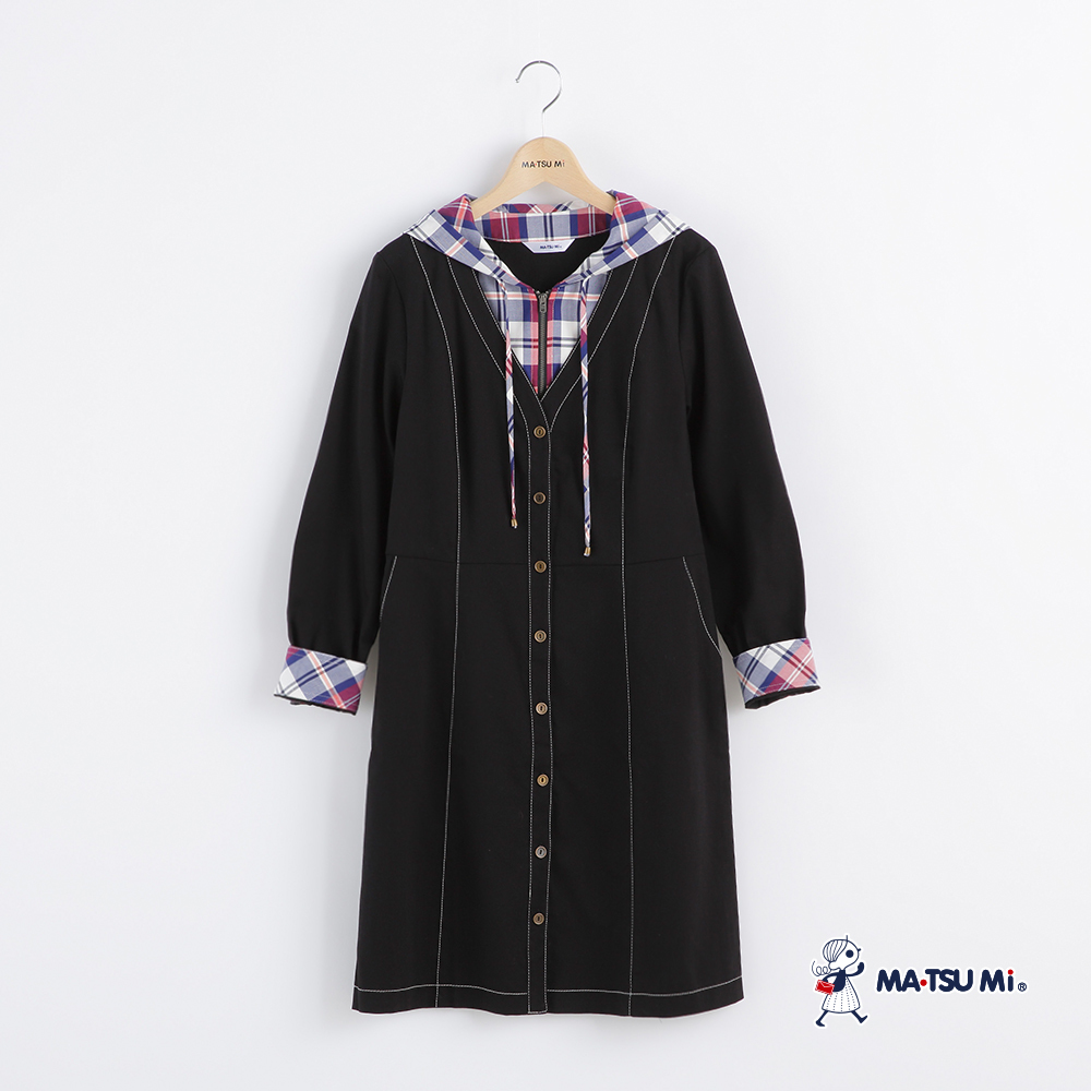 MA‧TSU Mi 牛仔拼接格紋連帽前開襟修身洋裝(深藍.黑)