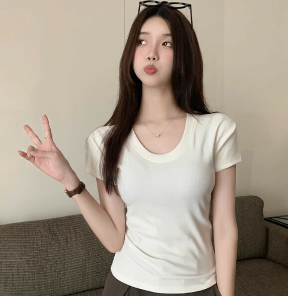 Summer U-neck shoulder short sleeve T (white) [Size: S-L] [Contact customer service to confirm the shipping size after placing an order]