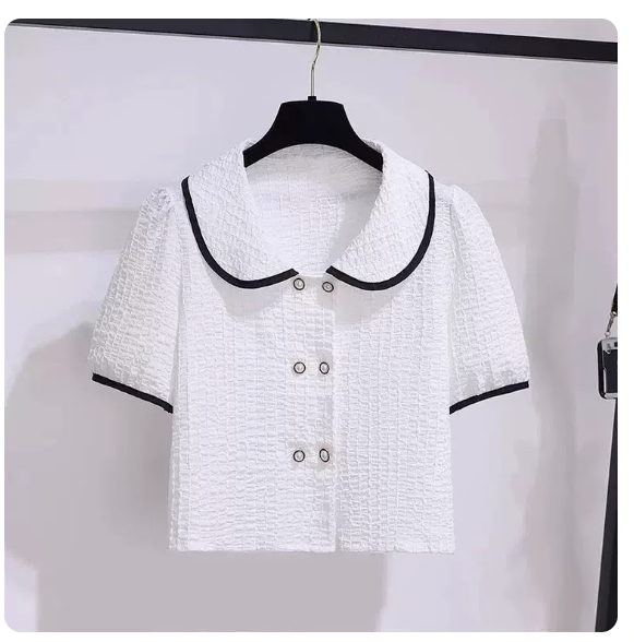Babydoll Collar Short Sleeve Shirt (White Size: S-3XL) (Please contact customer service to confirm the shipping size after placing an order)