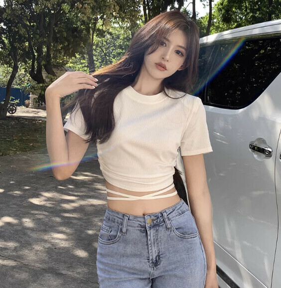 Summer threaded cotton short sleeve T (white) [one size]