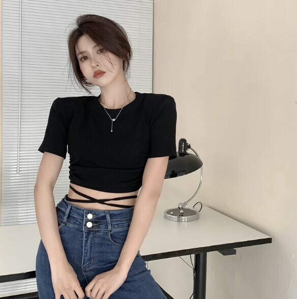 Summer Threaded Cotton Short Sleeve T T (Black) [One Size]