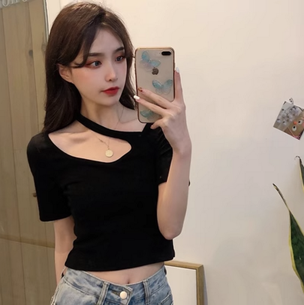 Short Sleeve Slim Design T-Shirt Crop (Black) (Size: M-XL (Contact customer service to confirm shipping size after placing an order))