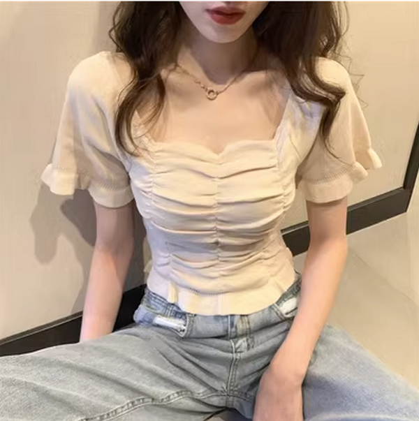 Summer French Square Neck Clavicle Puff Short Sleeve T-Shirt (Apricot) (Size: One Size)
