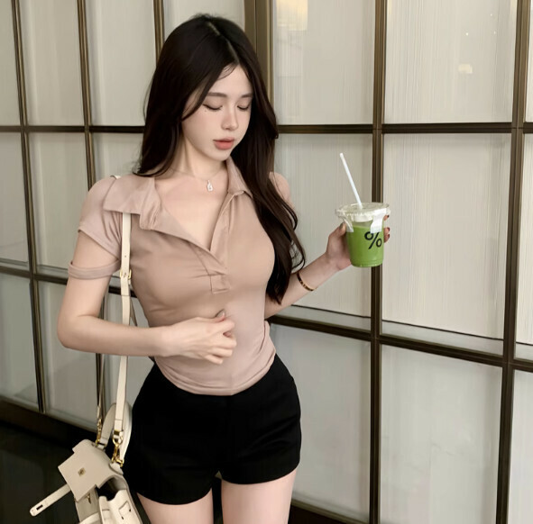 Summer polo collar short sleeve T (khaki) [Size: S-XL] [Contact customer service to confirm the shipping size after placing an order]