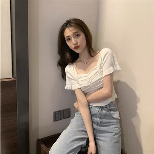 Summer French Square Collar Puff Short Sleeve T-Shirt (White) (Size: One Size)