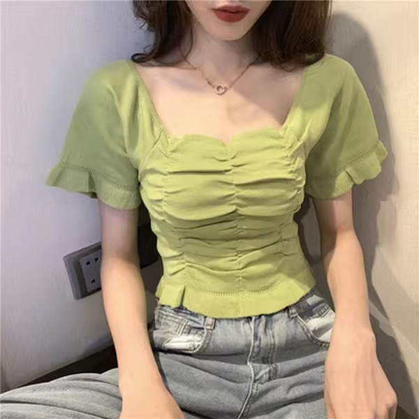 Summer French Square Collar Clavicle Puff Short Sleeve T-Shirt (Green) (Size: One Size)