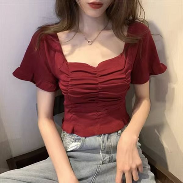 Summer French Square Collar Puff Short Sleeve T-Shirt (Burgundy) (Size: One Size)