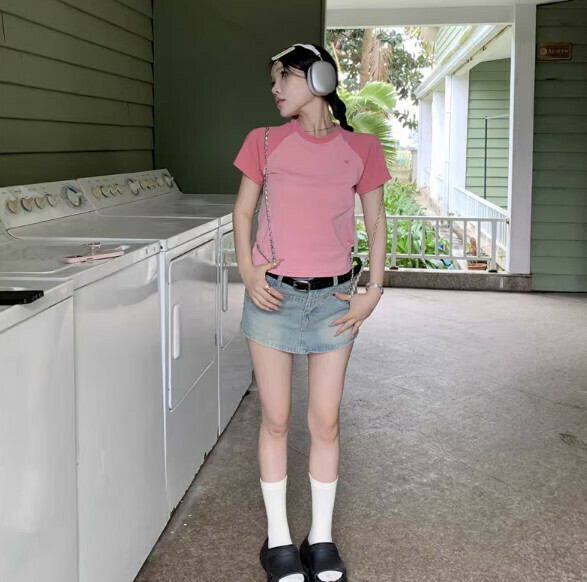Summer raglan sleeve T-shirt (pink) [Size: S-XL] [Contact customer service to confirm the shipping size after placing an order]
