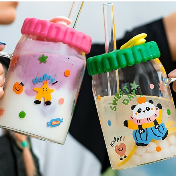 《4104》可愛繽紛熊貓大容量玻璃水杯825ML