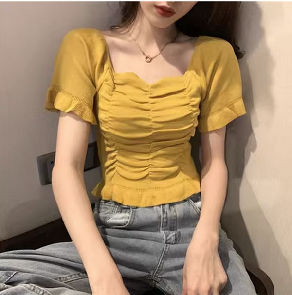 Summer French Square Neck Clavicle Puff Short Sleeve T-Shirt (Yellow) (Size: One Size)
