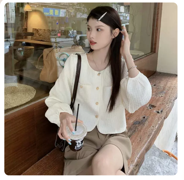 Short long-sleeved shirt (apricot size: S-3XL) (please contact customer service to confirm the shipping size after placing an order)