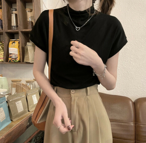 Summer Half-high Neck Short Sleeve T (Black) [Size: S-L] [Contact Customer Service to Confirm Shipping Size after Placing an Order]