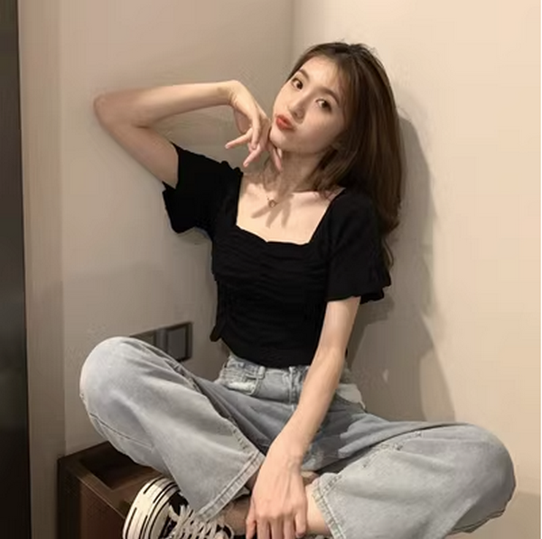 Summer French Square Neck Clavicle Puff Short Sleeve T-Shirt (Black) (Size: One Size)