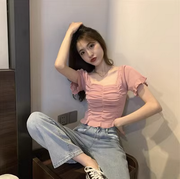 Summer French Square Collar Puff Short Sleeve T-Shirt (Leather Pink) (Size: One Size)
