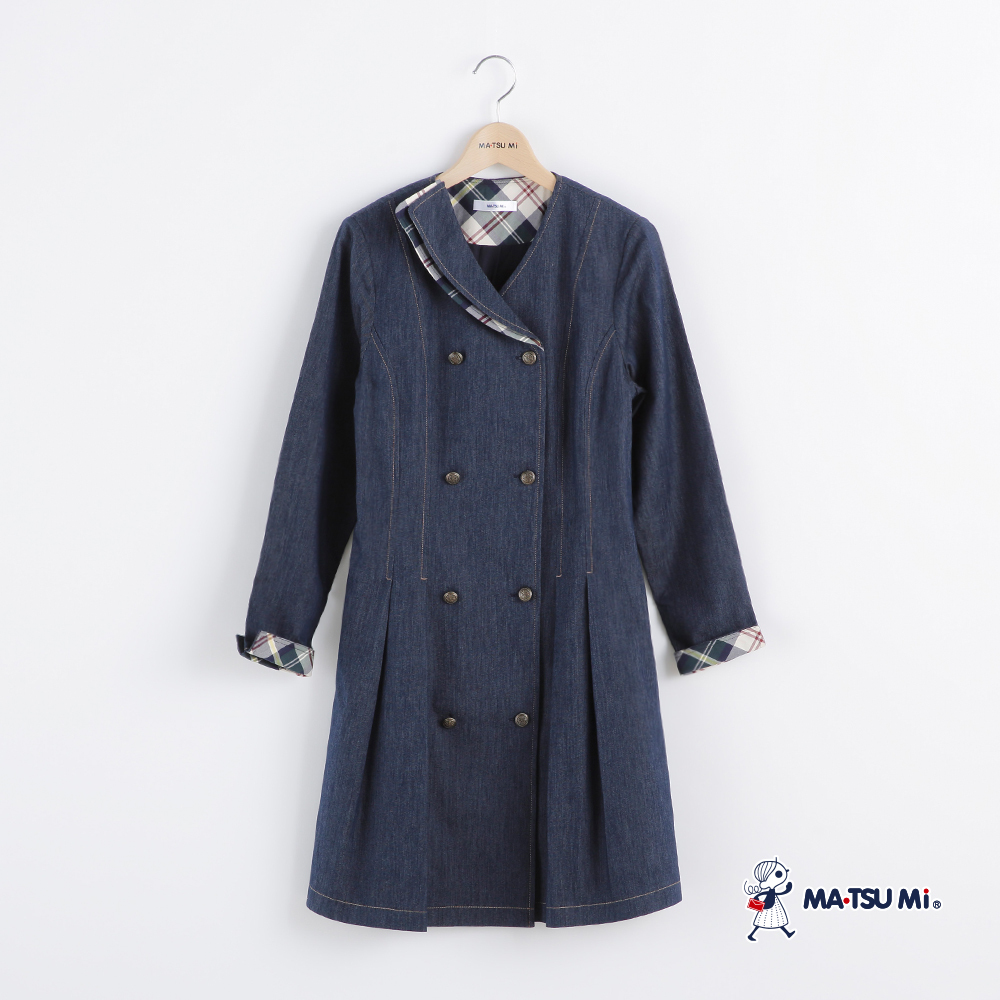 MA‧TSU Mi 牛仔拼接格紋領片造型雙排釦洋裝(深藍.黑)