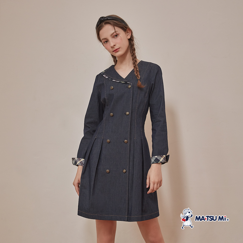 MA‧TSU Mi 牛仔拼接格紋領片造型雙排釦洋裝(深藍.黑)