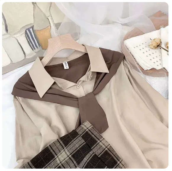 Loose shawl fake two long-sleeved shirts (khaki size: S-3XL) (please contact customer service to confirm the shipping size after placing an order)