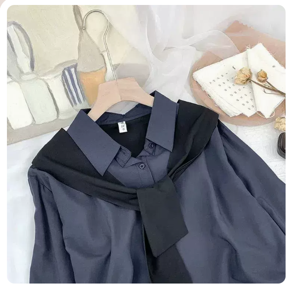 Loose shawl fake two long-sleeved shirts (navy blue size: S-3XL) (please contact customer service to confirm the shipping size after placing an order)