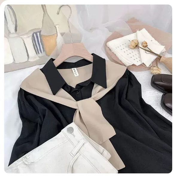 Loose shawl fake two long-sleeved shirts (black size: S-3XL) (please contact customer service to confirm the shipping size after placing an order)