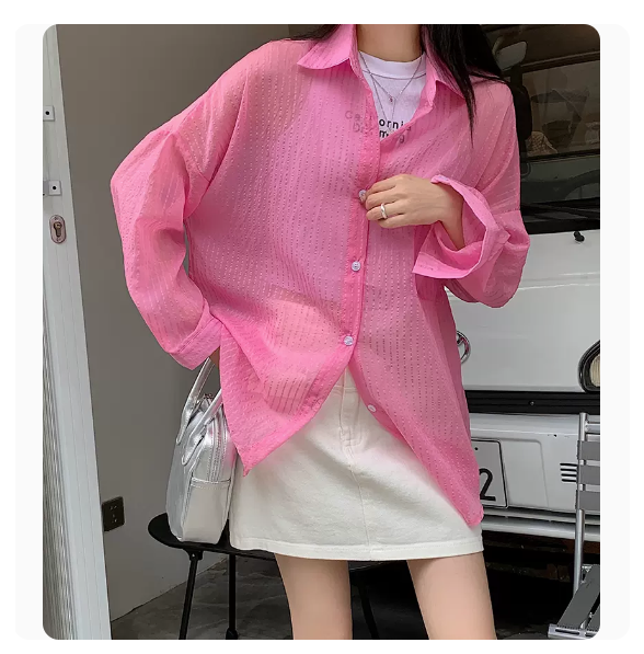 Vertical Stripe Thin Lapel Long Sleeve Shirt (Pink Size: S-3XL) (Please contact customer service to confirm the shipping size after placing an order)