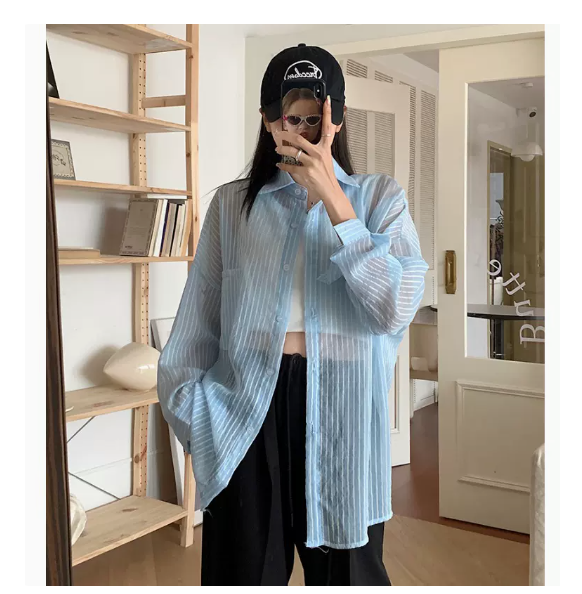 Vertical Stripe Thin Lapel Long Sleeve Shirt (Blue Size: S-3XL) (Please contact customer service to confirm the shipping size after placing an order)
