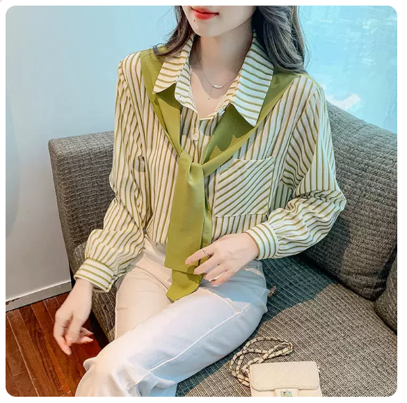 Loose shawl fake two long-sleeved shirts (green stripes Size: S-3XL) (please contact customer service to confirm the shipping size after placing an order)
